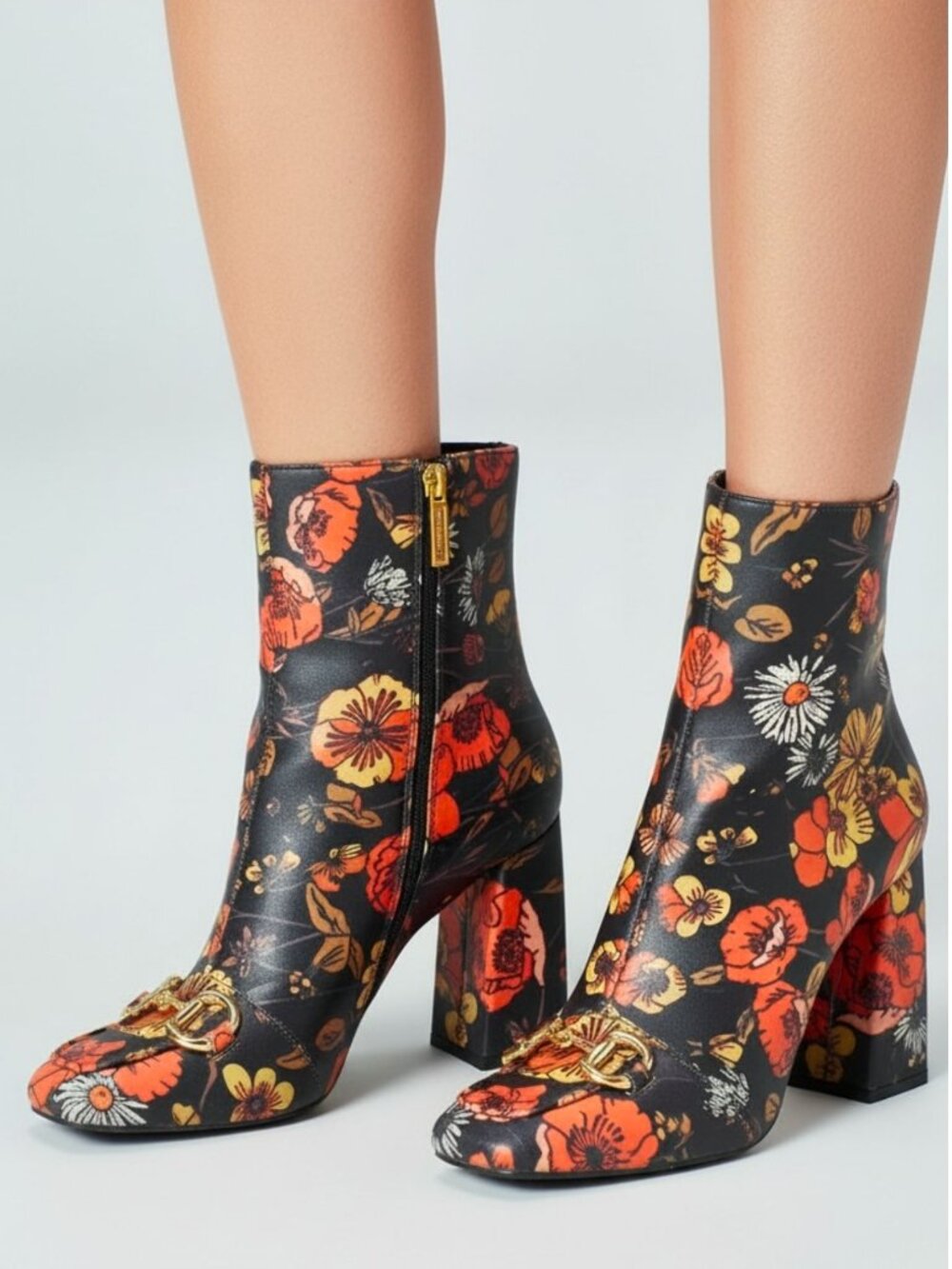 Floral Block Heel Ankle Boots With Gold Buckle Detailing